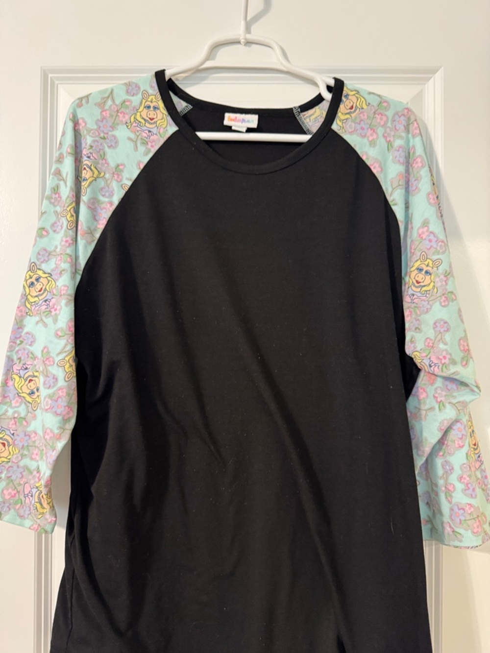 LuLaRoe Black Raglan Top with Mint Floral Character Print Sleeves